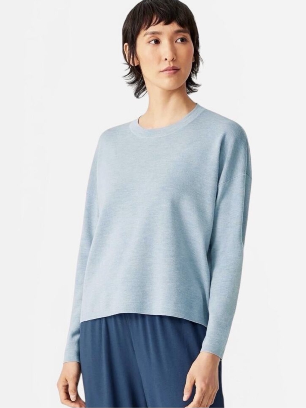 EILEEN FISHER Ultrafine Merino Box-Top in Responsible Wool Sky Blue Heather XL